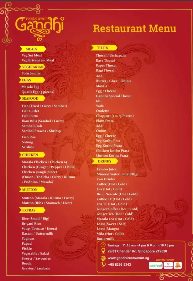 GANDHI RESTAURANT MENU