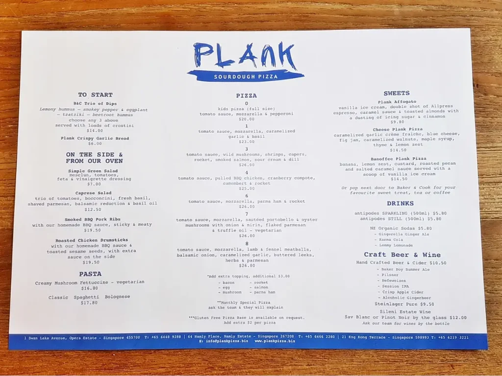 PLANK SOURDOUGH PIZZA MENU SINGAPORE